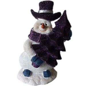 Snowman Figure Ceramic Carrying Tree Wearing Scarf and Hat  Textured